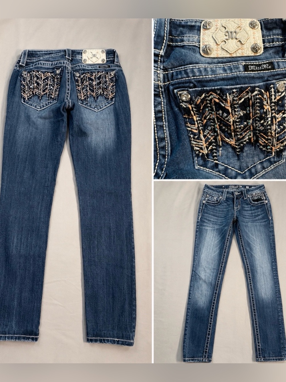 Miss Me Signature Skinny Jeans Embellished Pocket Mid Rise Stretch Sz 26💛